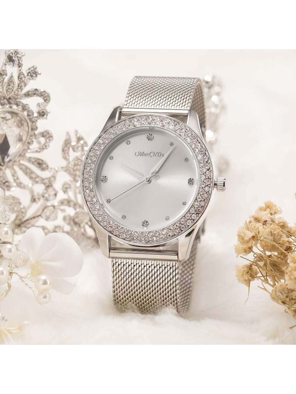 Women's Silver Crystal Case Mesh Stainless Steel Band Cuff Bracelet Set Watch - Picture 3 of 7